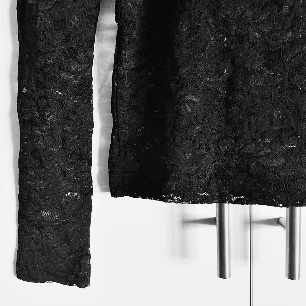 Anthropologie Puff-Sleeve Sheer Lace Top Blouse in Black Onyx Size S NWT